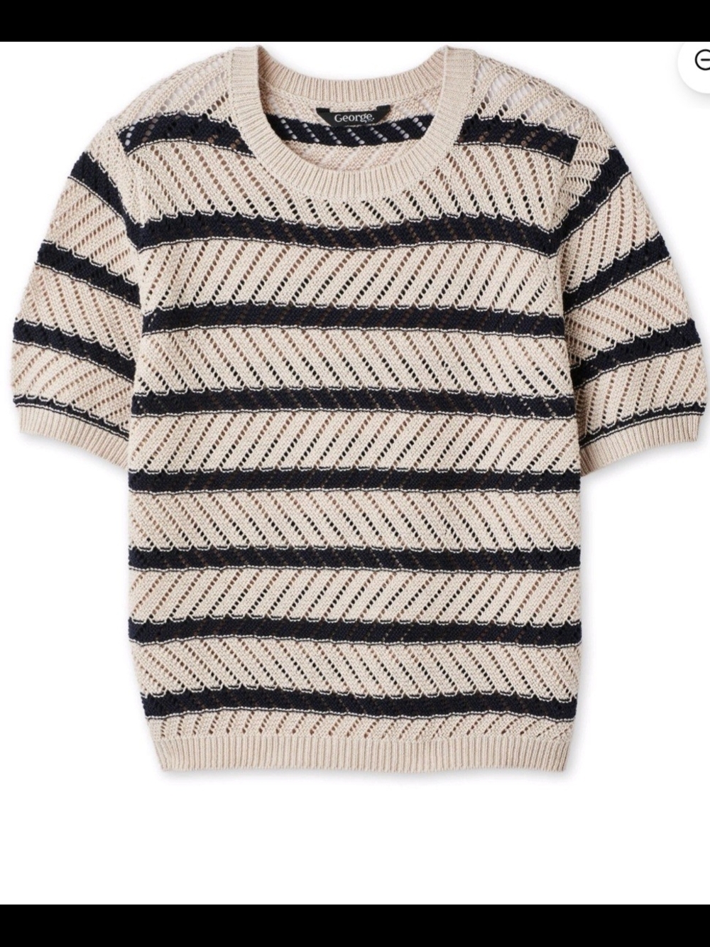 Beige and Black Striped Open-Weave Short Sleeve Sweater